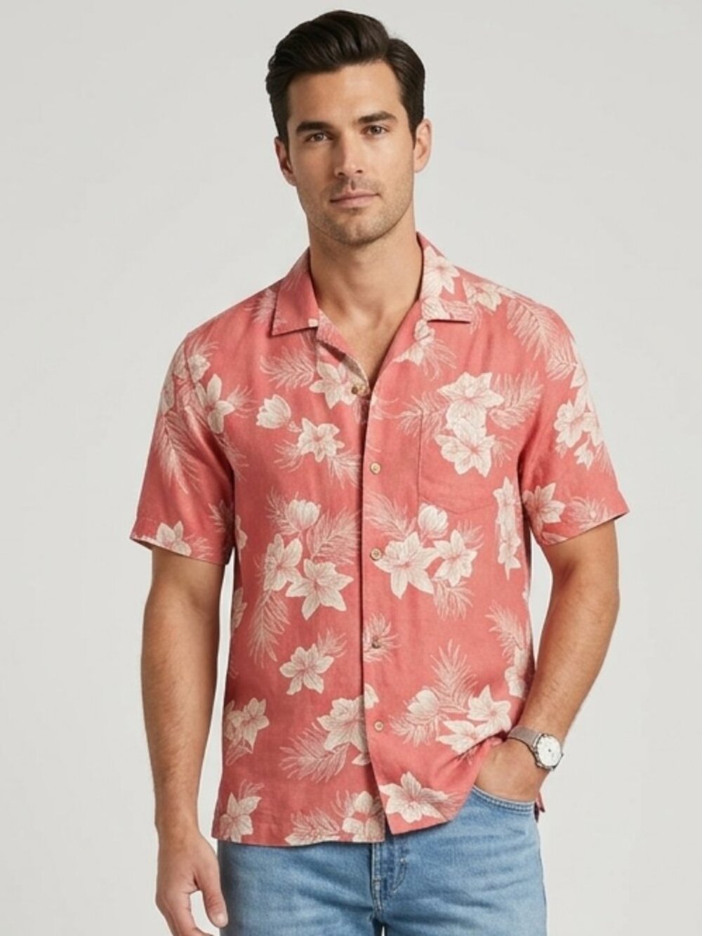 28 Palms Medium Silk Linen Hawaiian Shirt Coral Pink Floral Island Resortwear